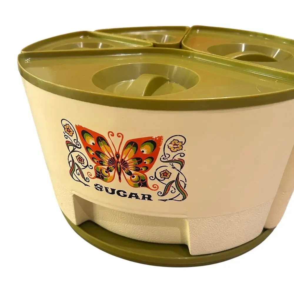 Vintage 1970s Sterilite Butterfly Lazy Susan Canister Set 1591 3 Scoops MCM -
